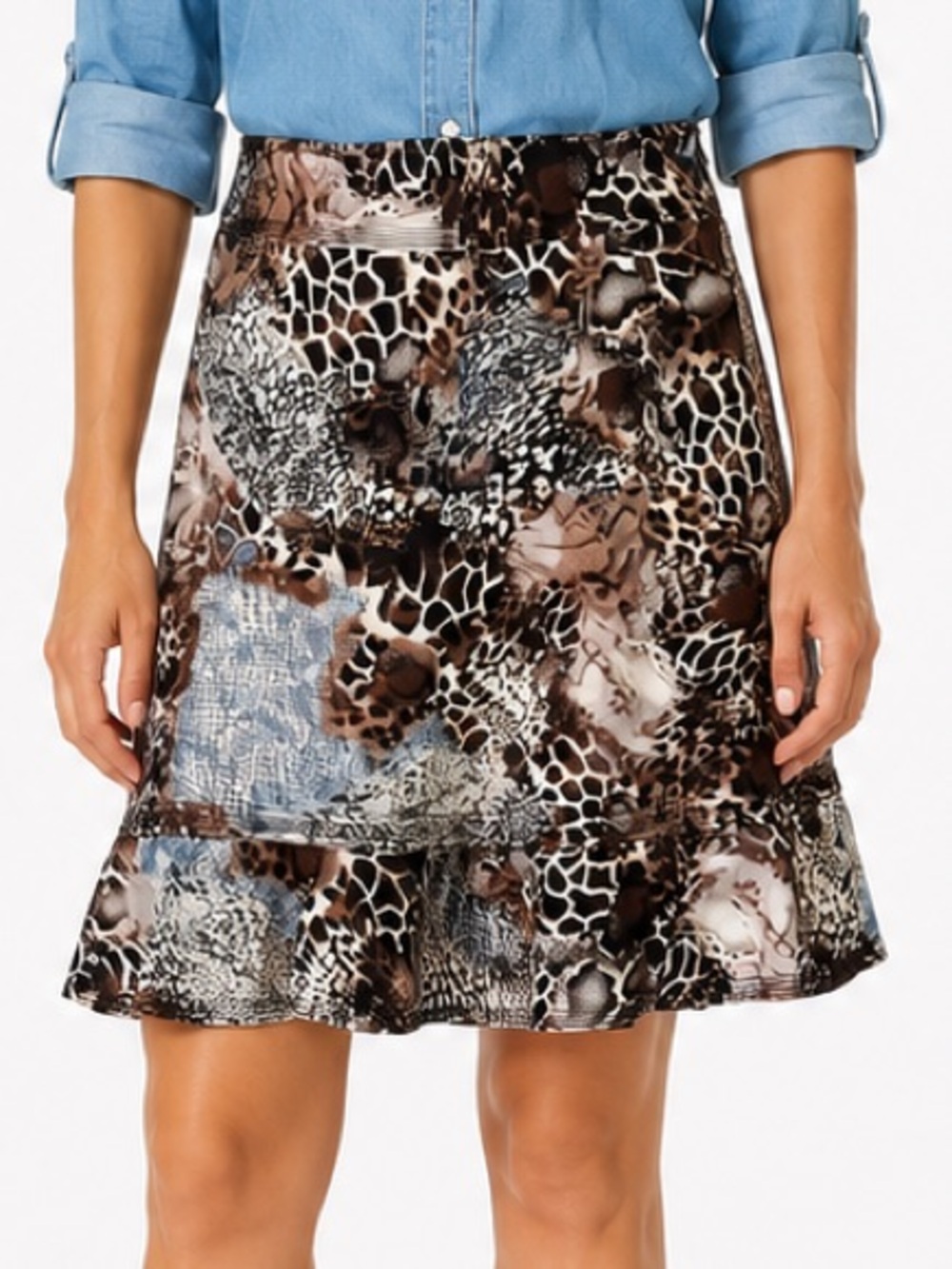 Focus Lifestyle 100% Linen Abstract Animal Print Flounce Skirt Size 8